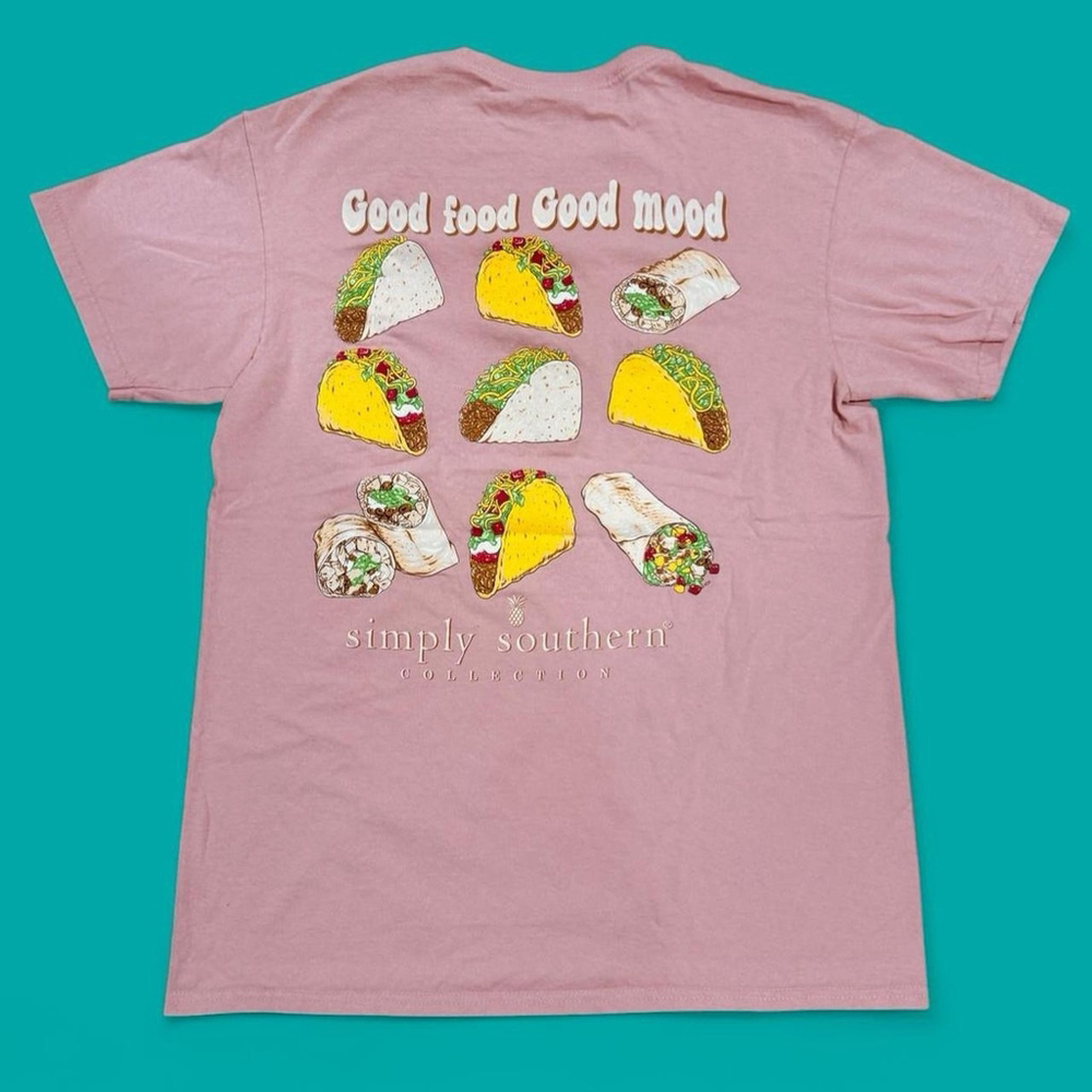 Simply Southern Taco Burrito Graphic T Shirt Women M Pink “Good Food Good Mood”